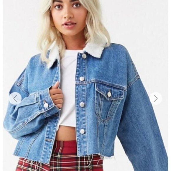 Forever 21 Jackets & Blazers - Cropped Denim Jacket with Sherpa Collar